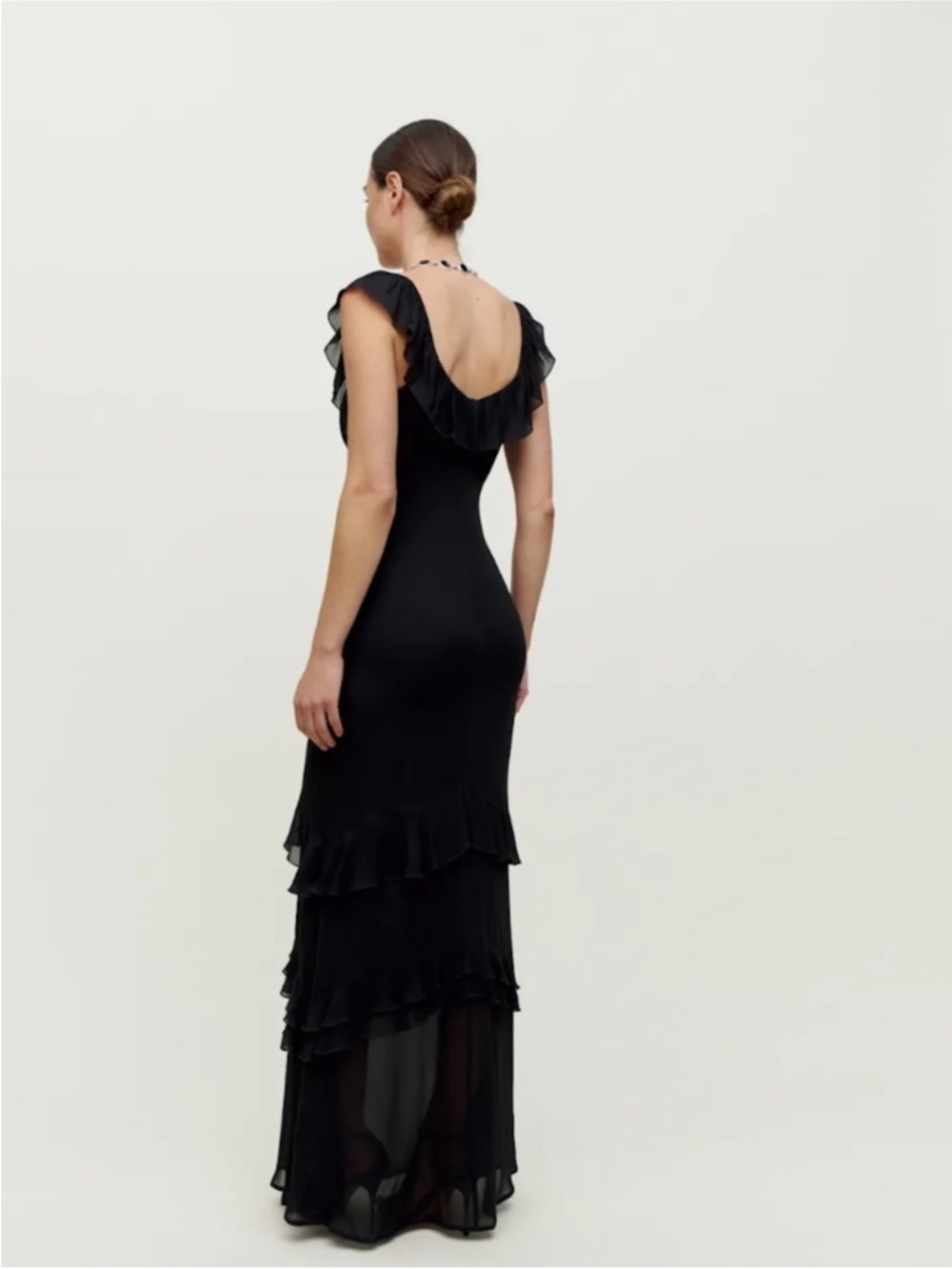 NEW Reformation Tripoli Dress Black Maxi Ruffle Tiered Cap Sleeve Fitted Gown 2 - Picture 4 of 11